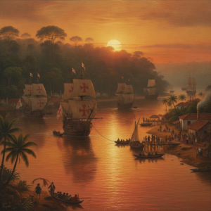 Chegada do café ao Brasil: barcos coloniais no porto de Belém em 1727