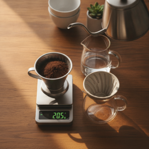 Proporção de café e água em balança de precisão com V60