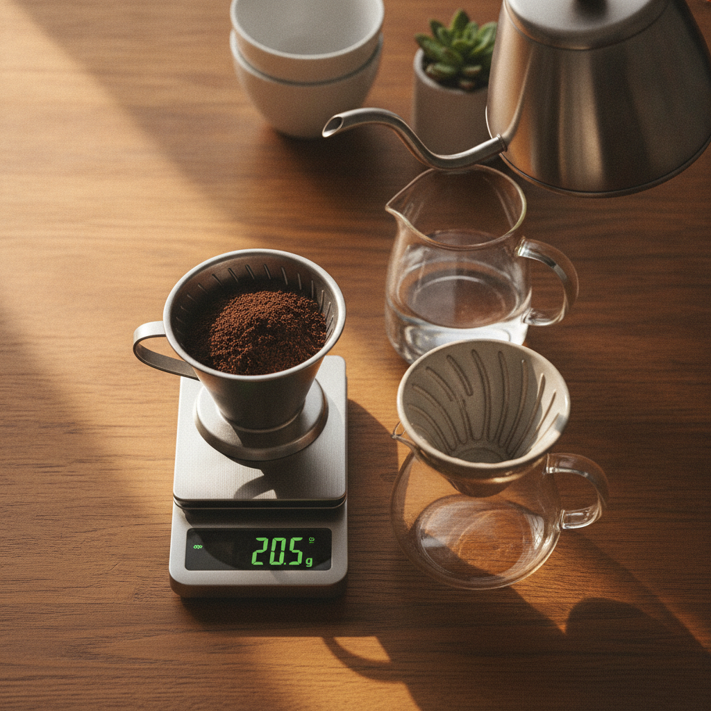 Proporção de café e água em balança de precisão com V60