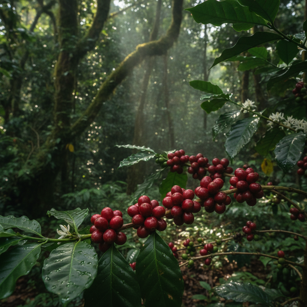 Cerejas maduras de café da Etiópia em pé nativo, cultivo tradicional em Yirgacheffe