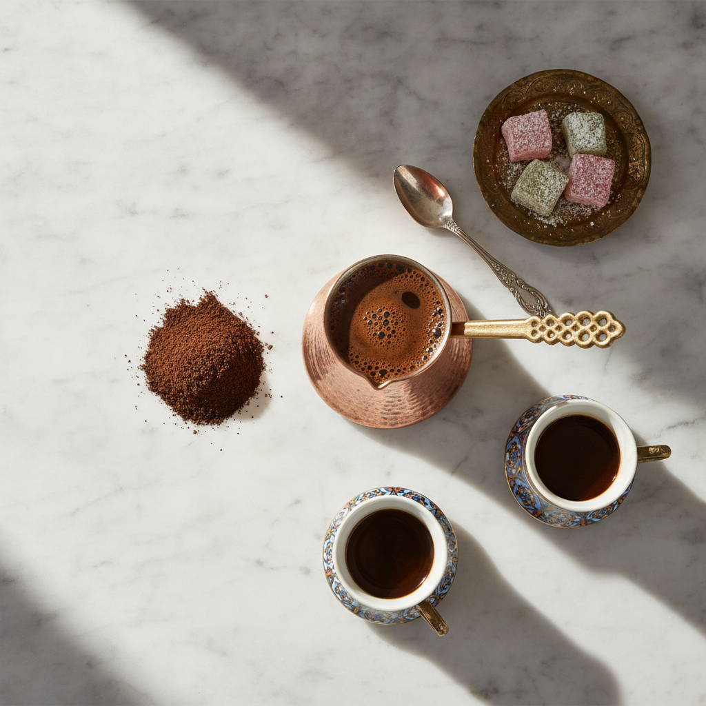 preparo do café turco no ibrik de cobre com moagem ultrafina