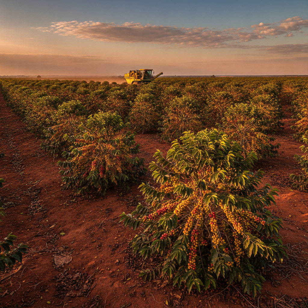 Fazenda de café cerrado mineiro com chapadão ao fundo
