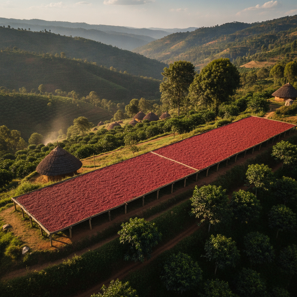 Terreiro suspenso africano com cerejas de café da Etiópia secando ao sol, processo natural em Sidamo