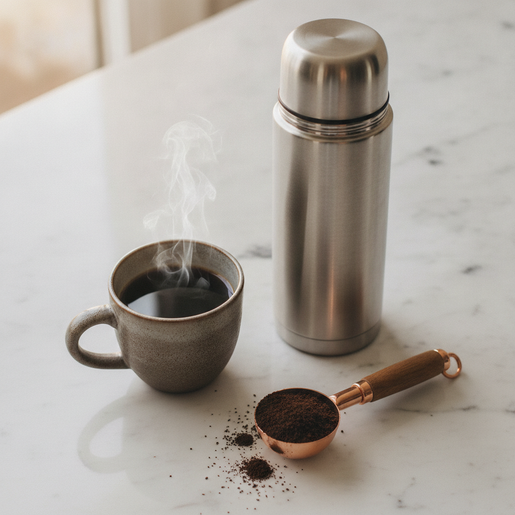 validade do cafe coado na garrafa termica ao lado de xicara