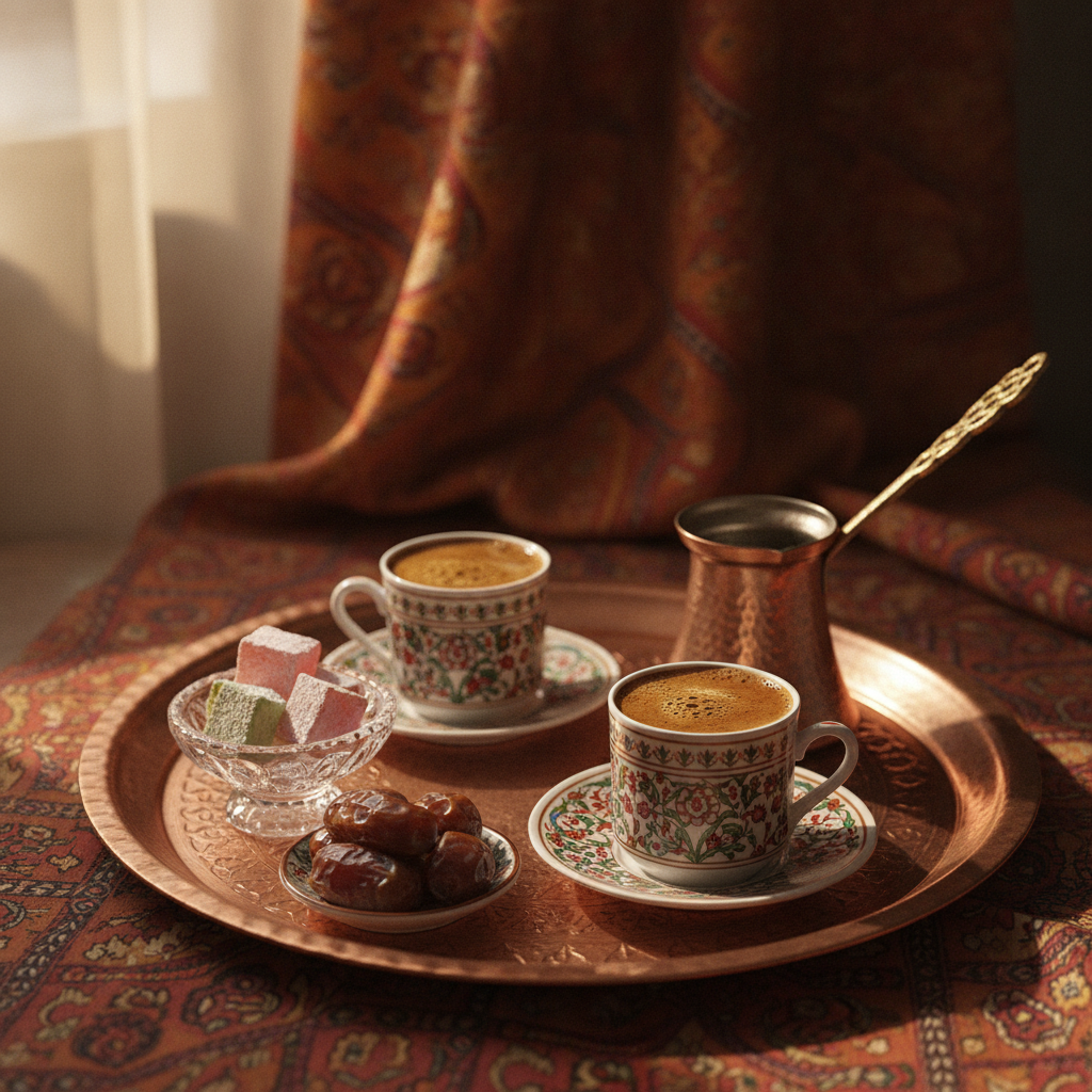 café turco servido em duas xícaras com lokum e tâmaras
