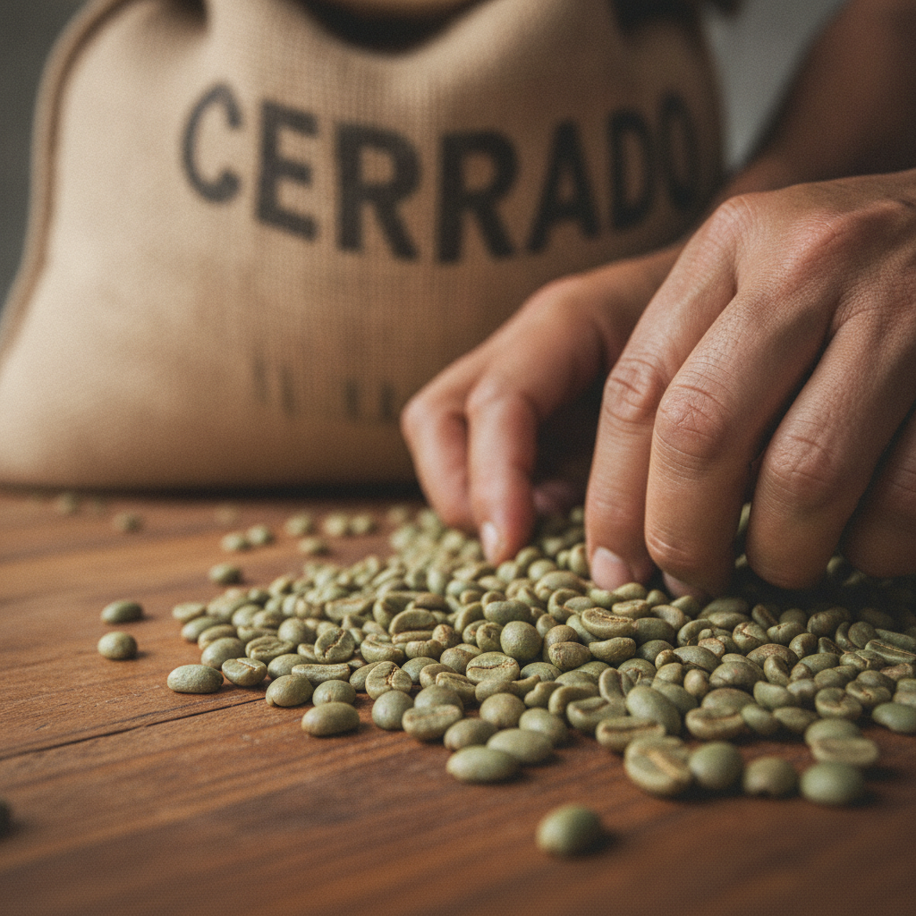 Grãos de café cerrado mineiro sendo separados na mesa