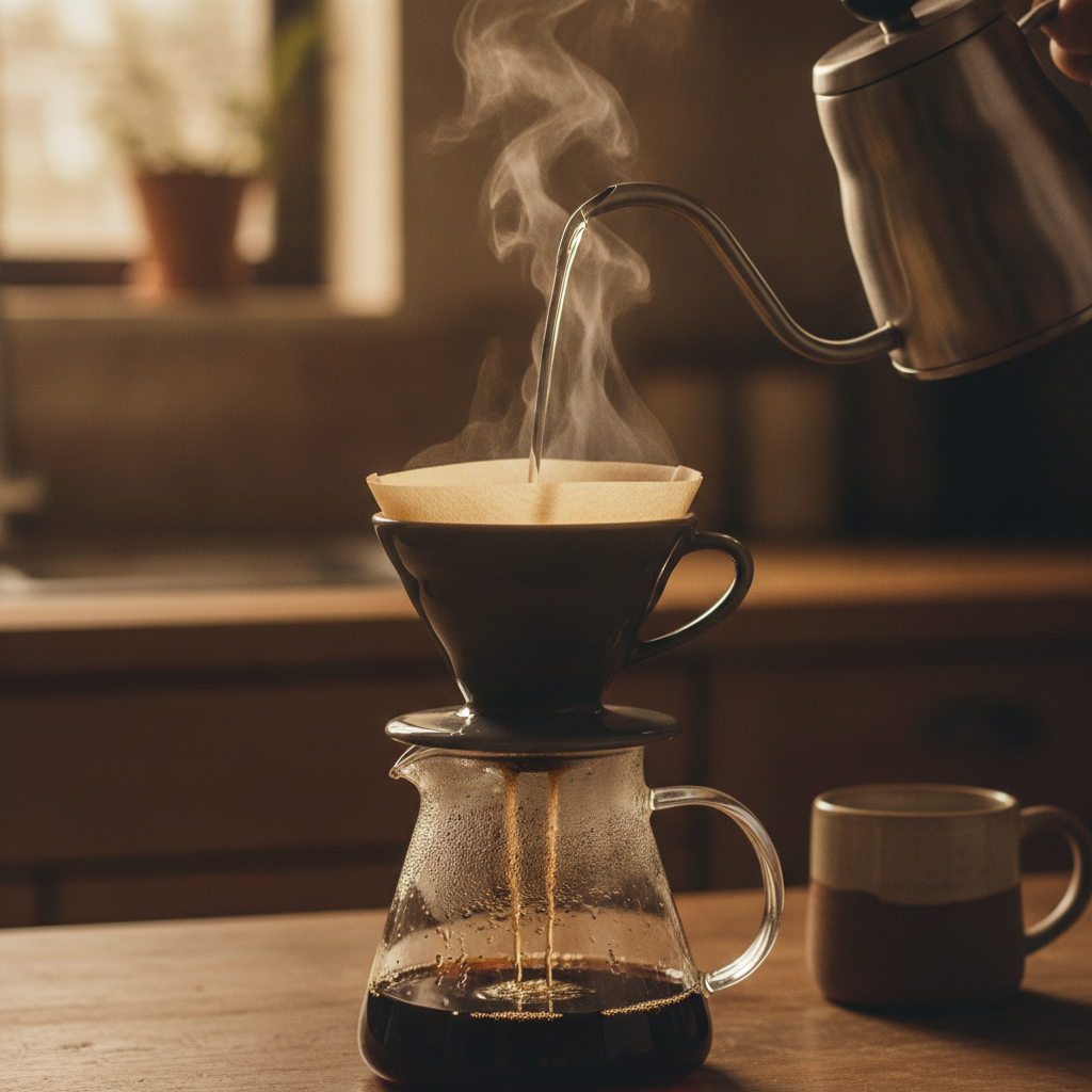 água quente sendo despejada em papel filtro com café moído no coador cônico
