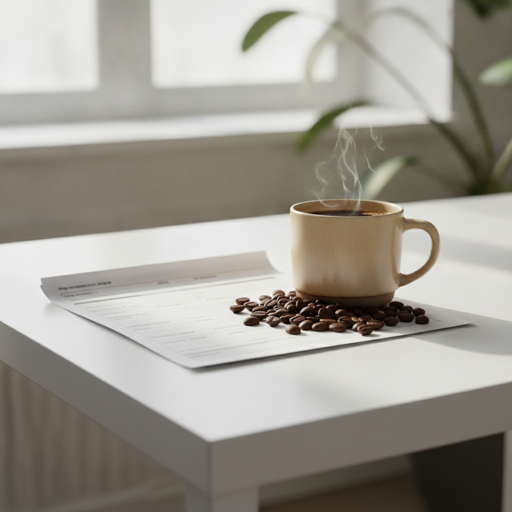 Exame de colesterol ao lado de xícara de café coado e grãos torrados sobre mesa clara