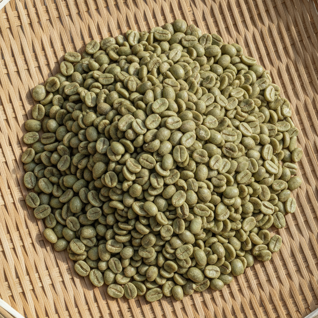 Grãos verdes de café geisha em uma peneira de bambu, mostrando o formato alongado característico da variedade