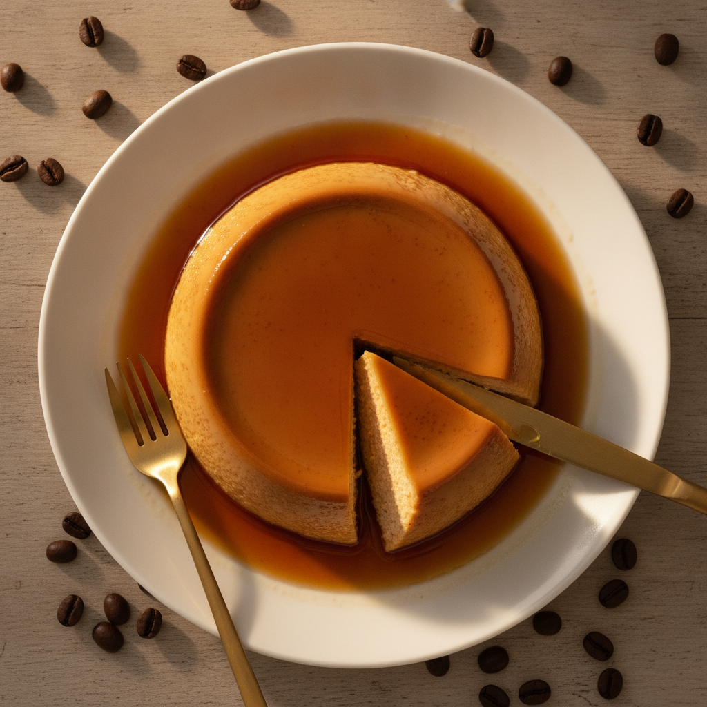 pudim de café cremoso sendo cortado em uma travessa branca com calda de caramelo escorrendo