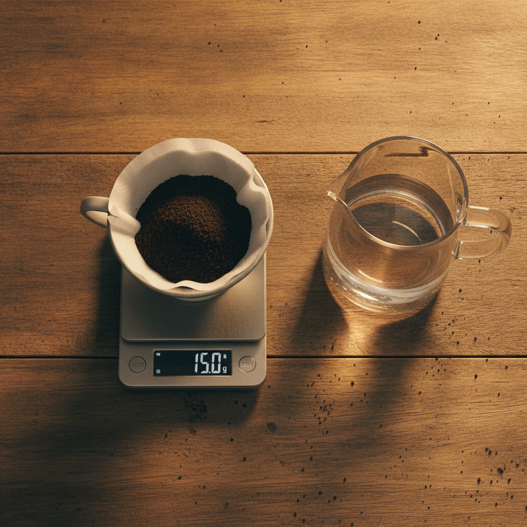 Balança de precisão medindo pó de café ao lado de jarra com água para calcular a proporção de café