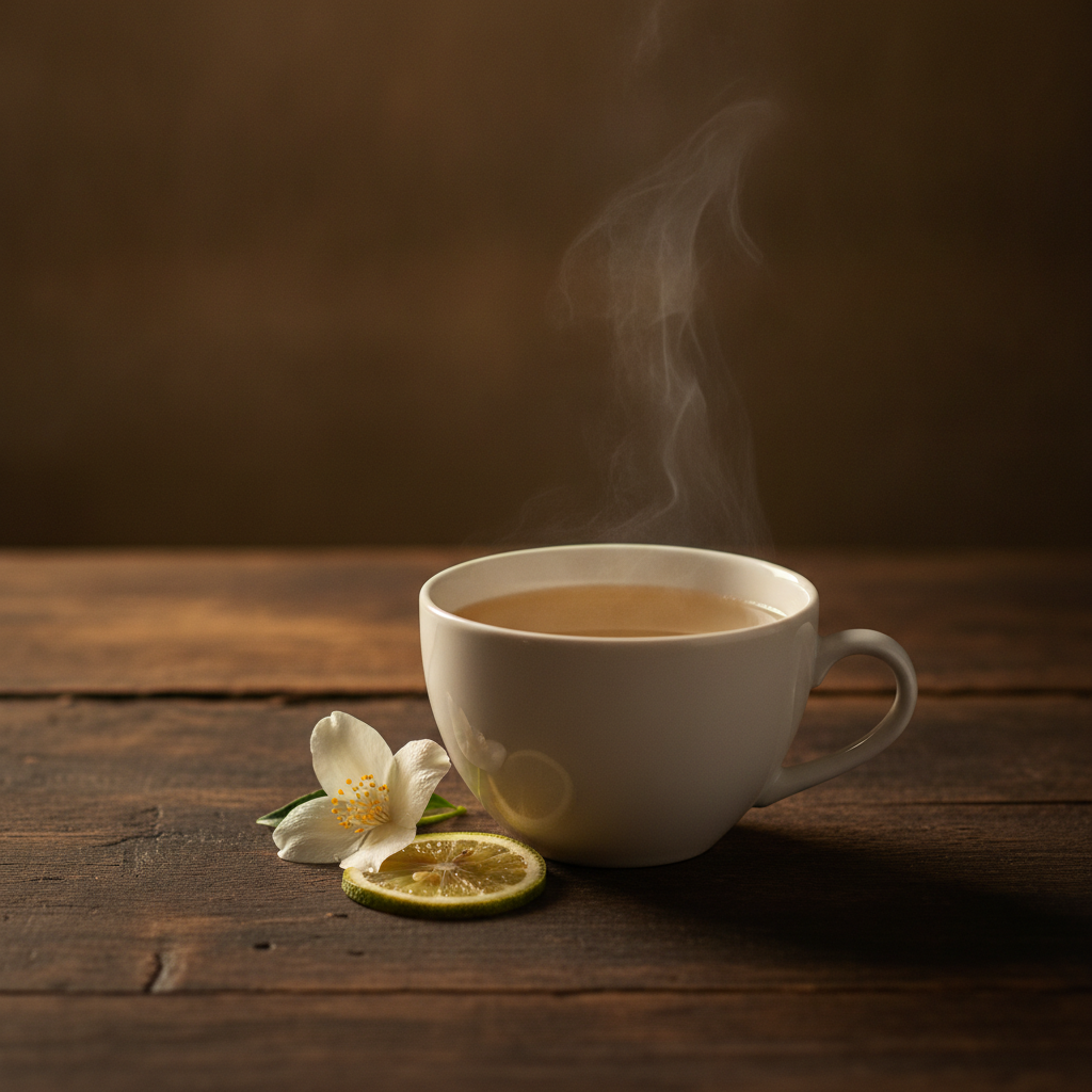 Xícara branca com café geisha coado, exalando vapor sobre uma mesa rústica de madeira