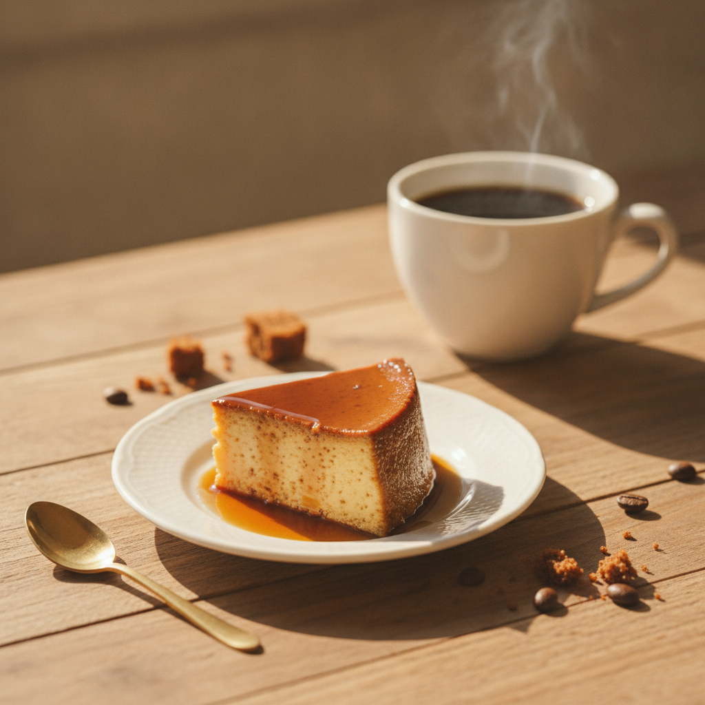 fatia de pudim de café servida em pratinho branco com colher e xícara de café ao fundo