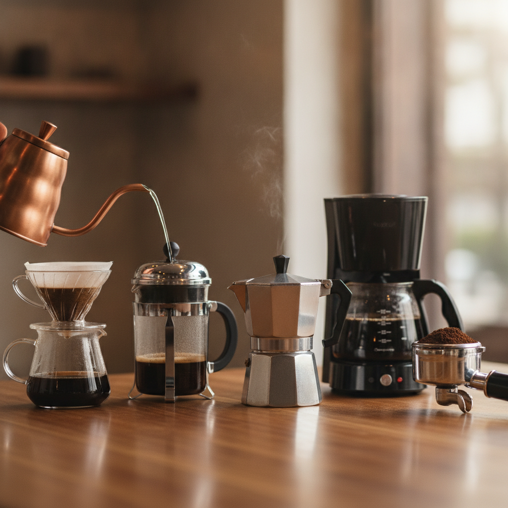 Diferentes métodos de preparo de café mostrando variação da proporção de café por método