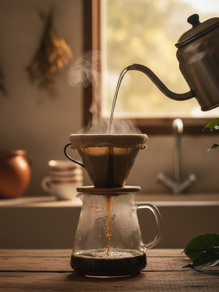 Preparo de cafe no coador de pano