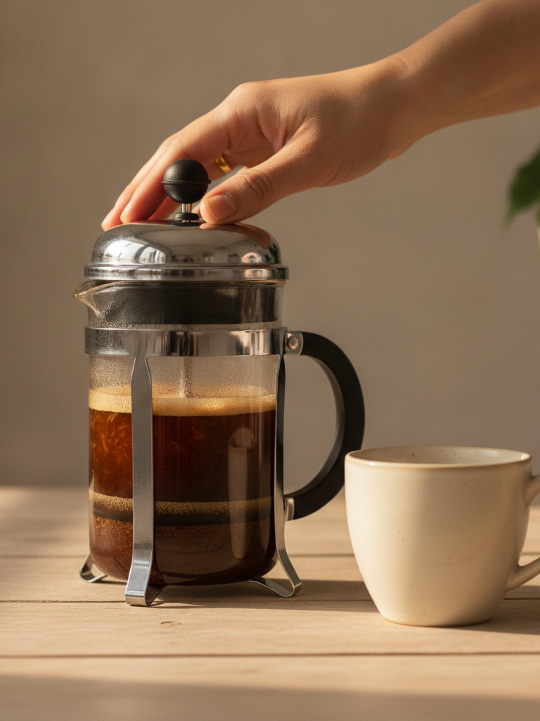 Preparo de cafe na prensa francesa