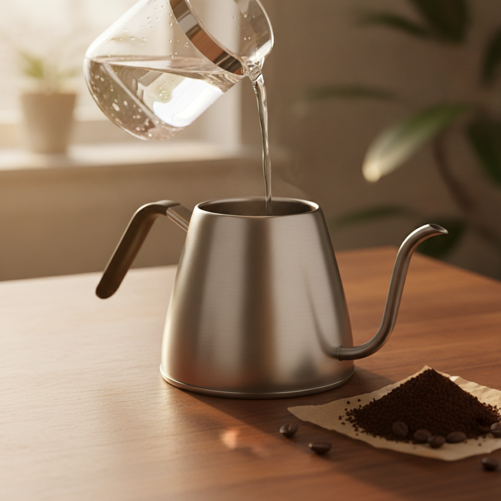 Água para café sendo despejada em jarra de vidro para preparo do café especial