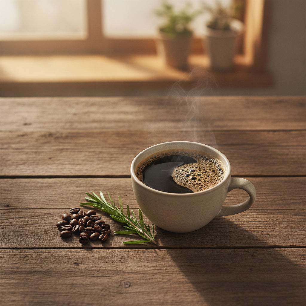 Xícara de café e fígado saudável em bancada de madeira