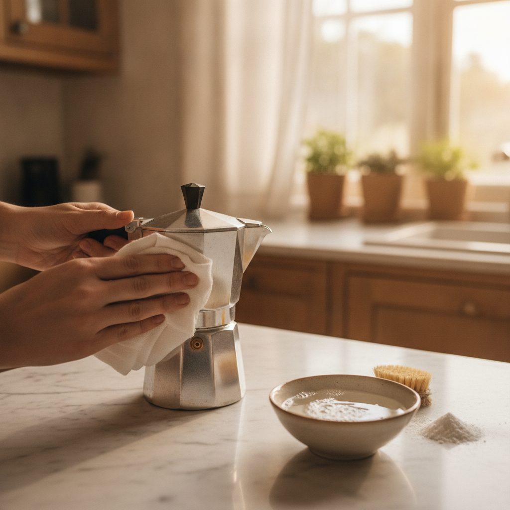 mulher a limpar cafeteira italiana com pano na cozinha