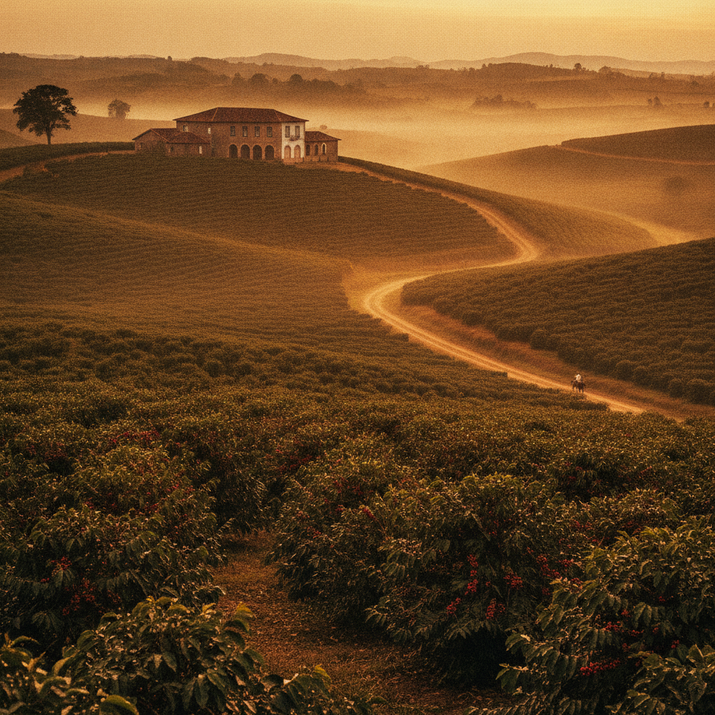 Ciclo do café no Brasil retratado em antiga fazenda colonial ao amanhecer