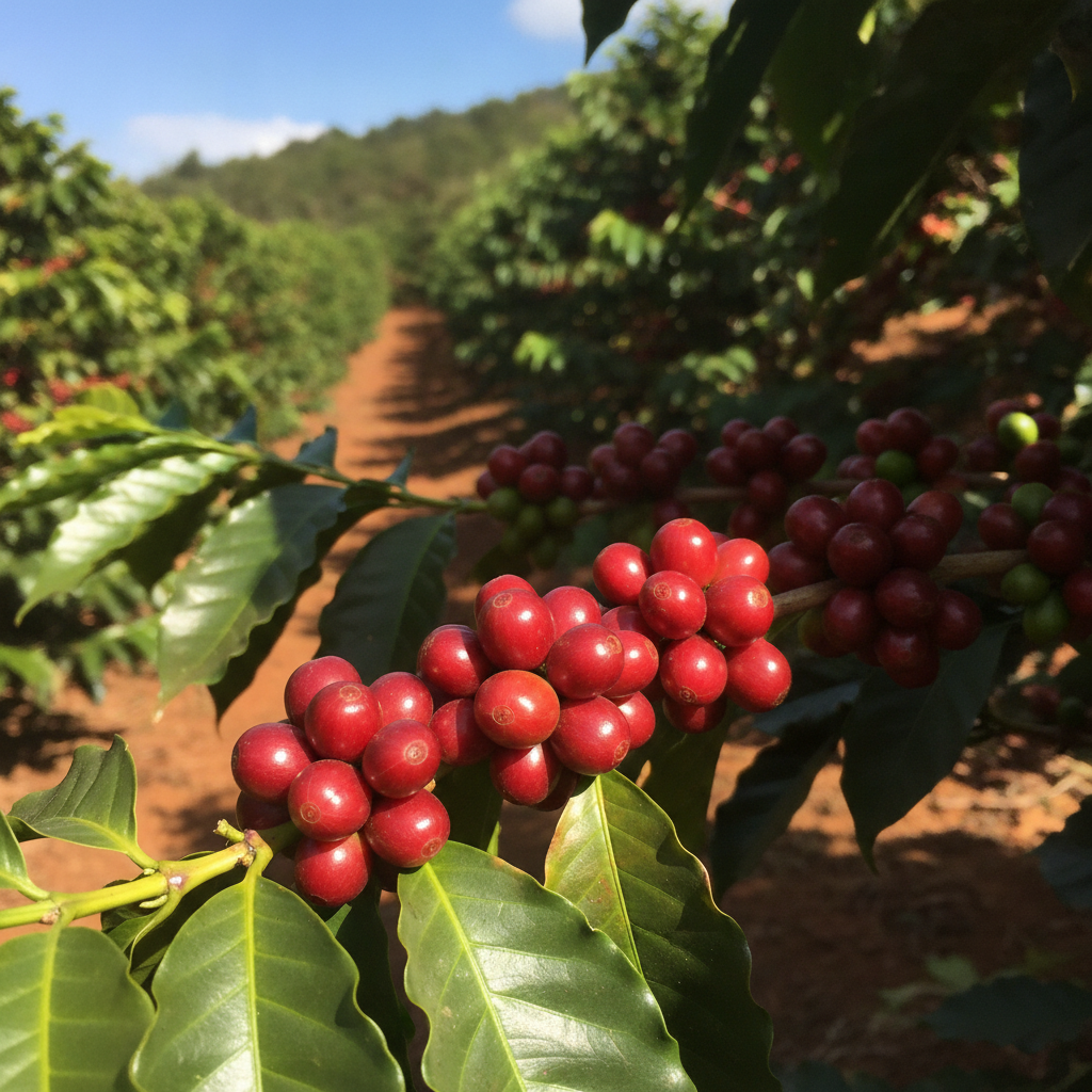 cerejas maduras de café bourbon vermelho no pé