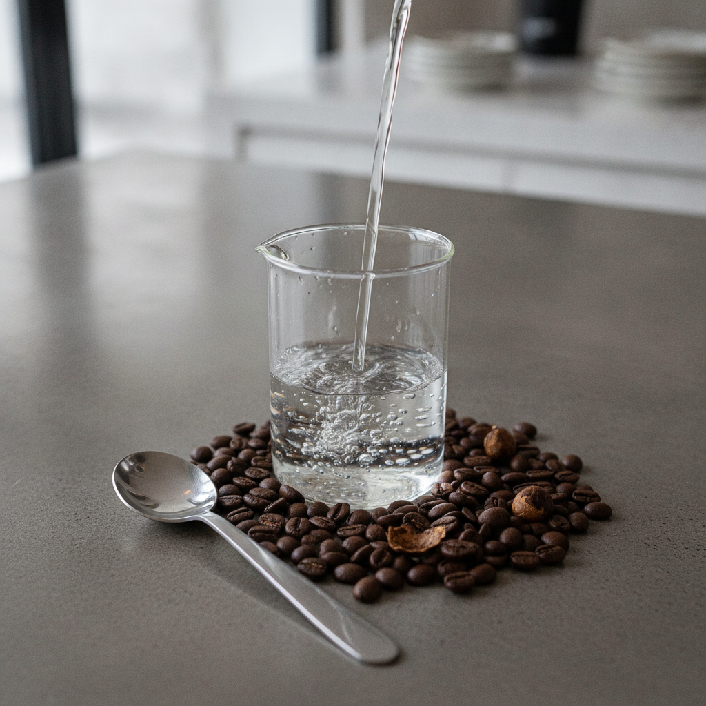 Agua para cafe medida em beaker de vidro ao lado de graos torrados