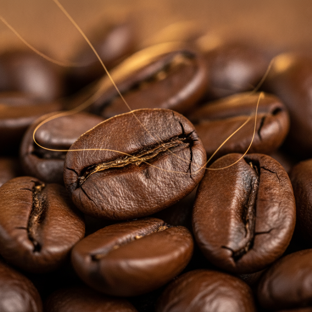 Grãos de café recém torrados mostrando óleos naturais que dão corpo ao café