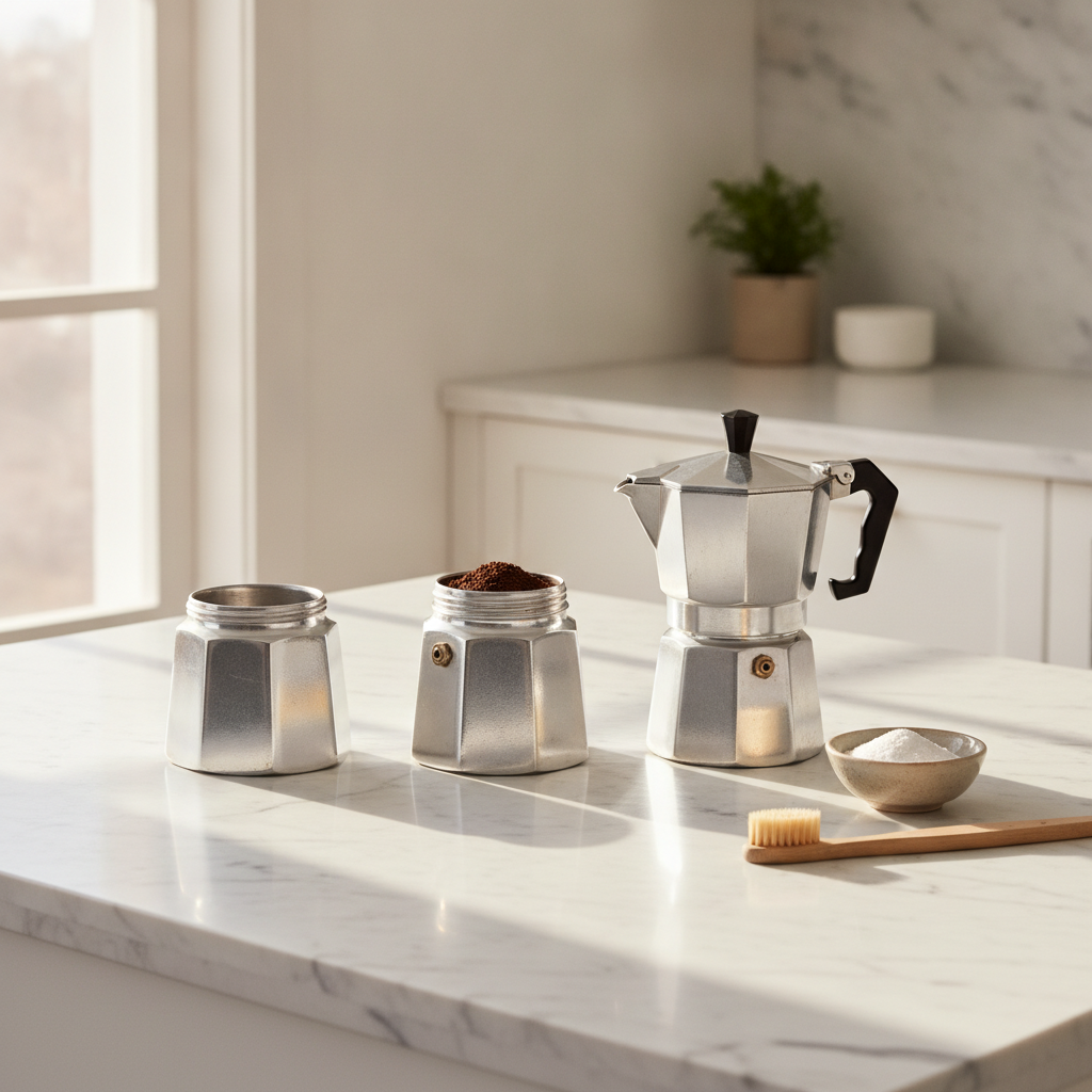 cafeteira italiana desmontada com bicarbonato para limpar