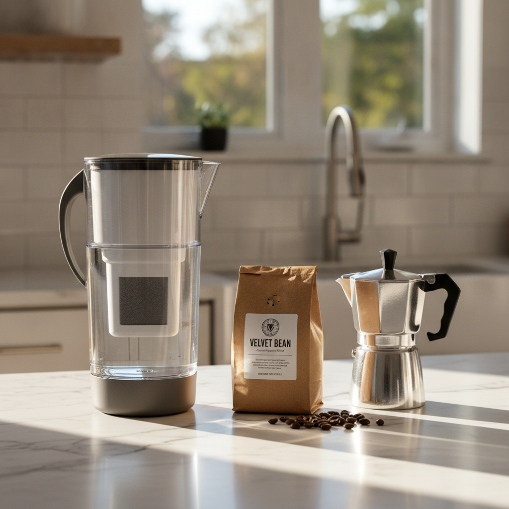 Jarra com filtro de carvao ativado para tratar agua para cafe em casa