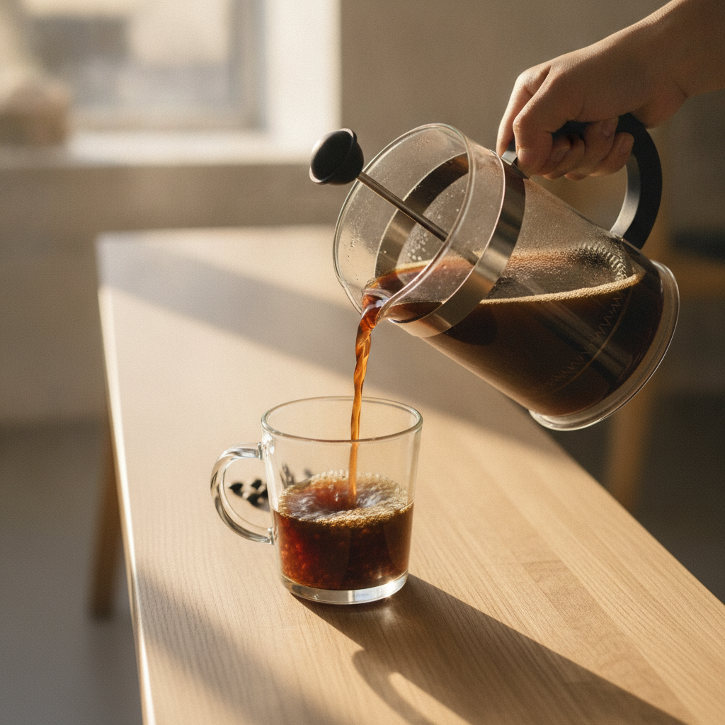 Prensa francesa servindo café encorpado com sólidos suspensos