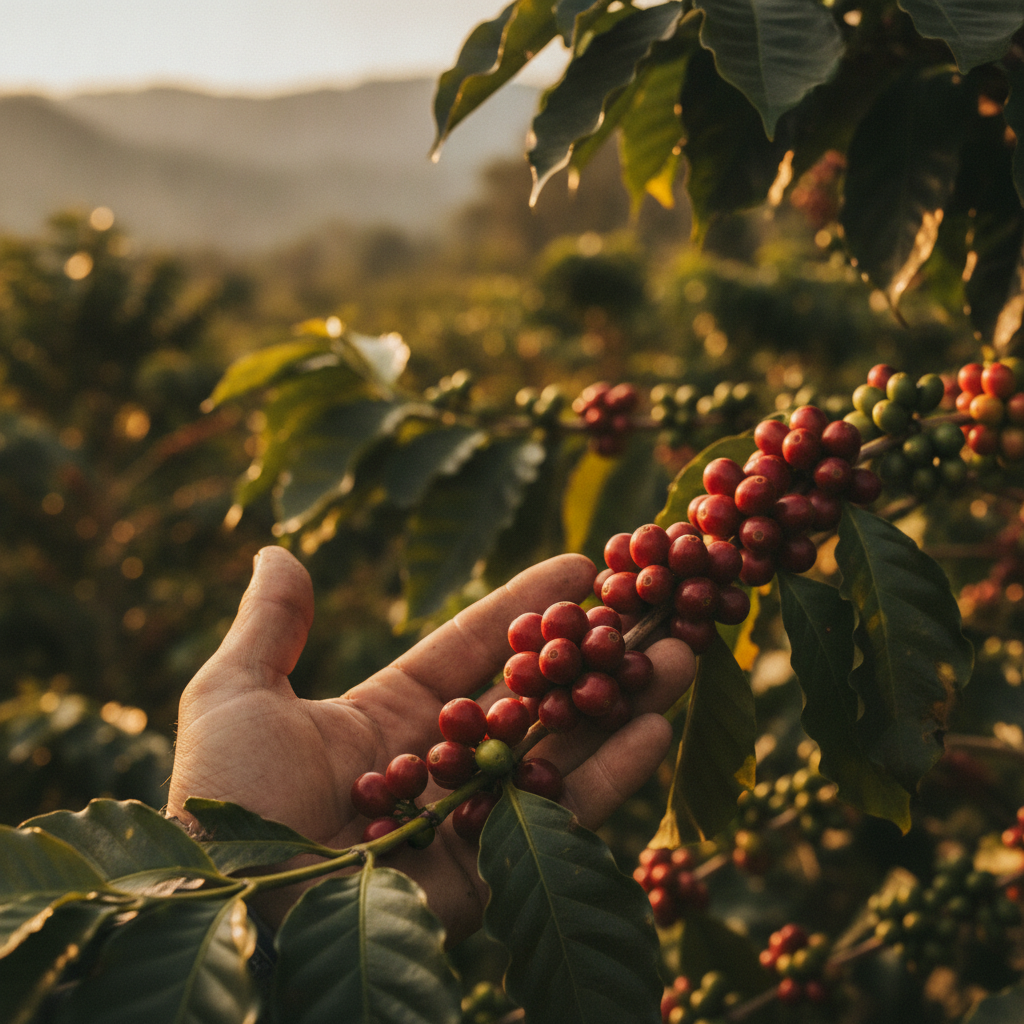 Cerejas maduras de café bourbon vermelho colhidas na fazenda