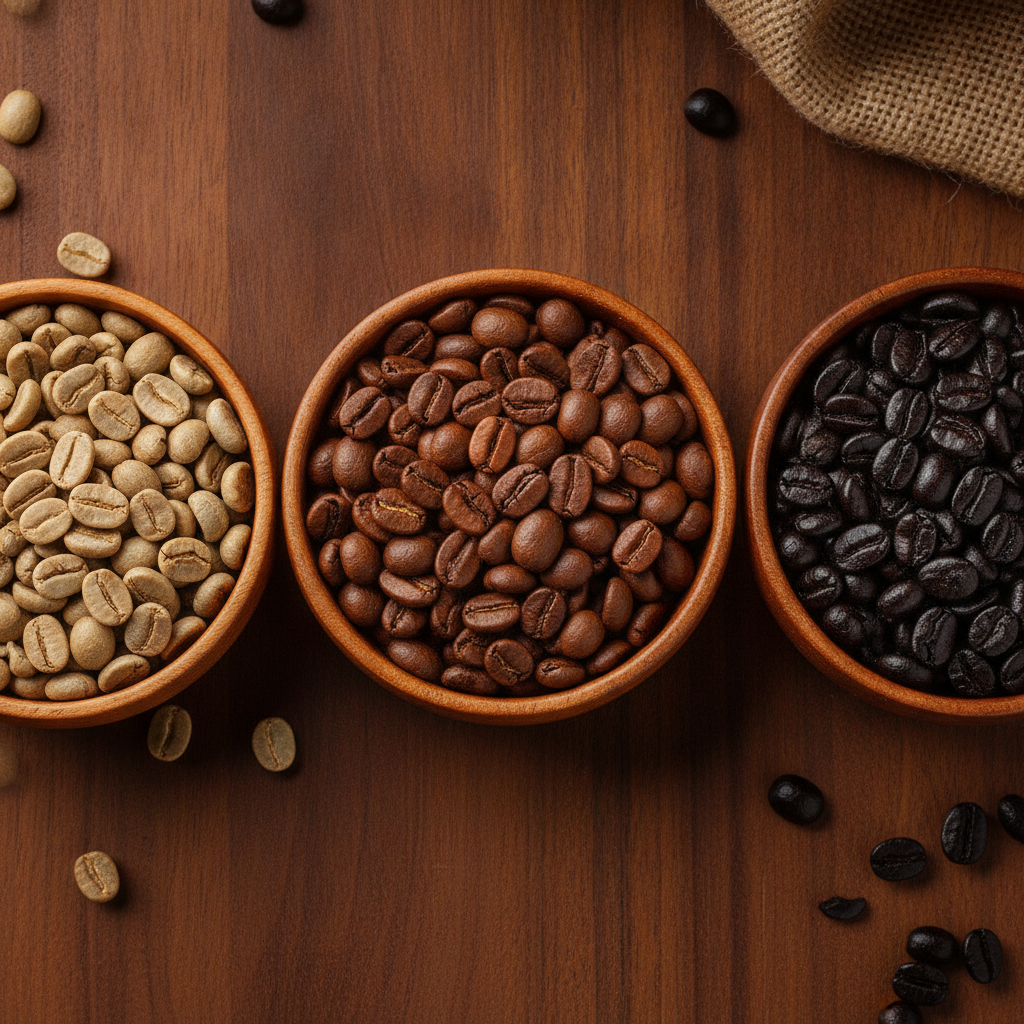 Grãos de café em diferentes pontos de torra dispostos lado a lado
