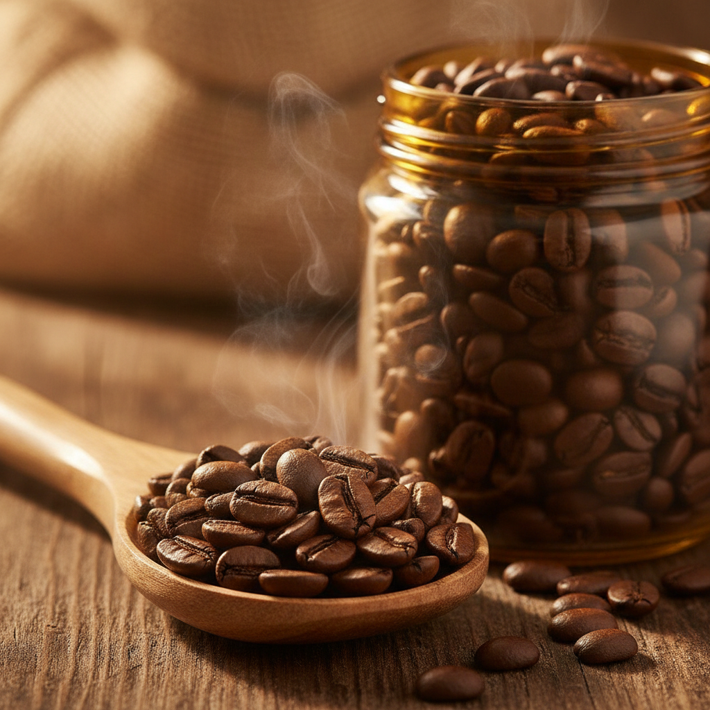 Grãos de café especial fresco em colher ao lado de pote âmbar