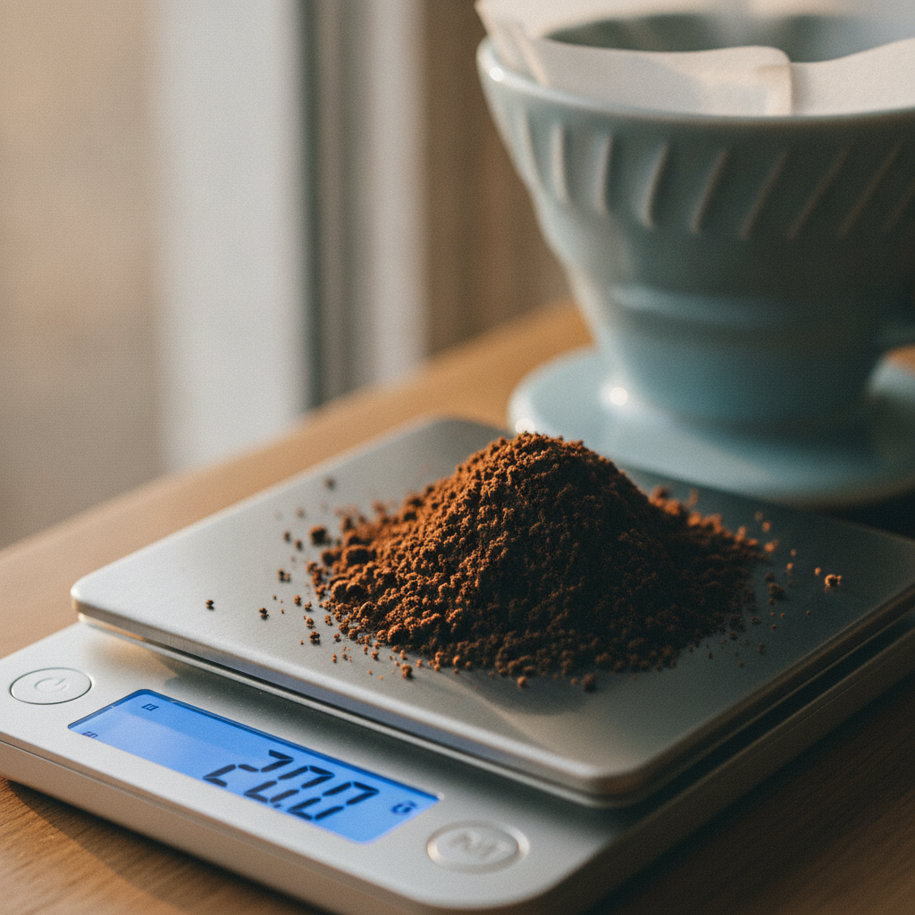 Moagem media de cafe especial pesada em balanca para preparo Kalita Wave