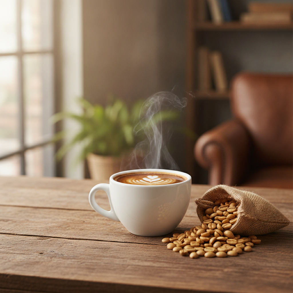 Xícara de café especial coado ao lado de grãos de torra clara