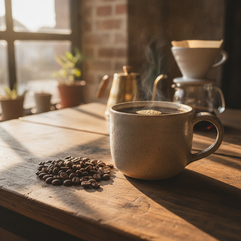 Xícara de café coado ao lado de grãos em torra média, destacando o ponto de torra ideal
